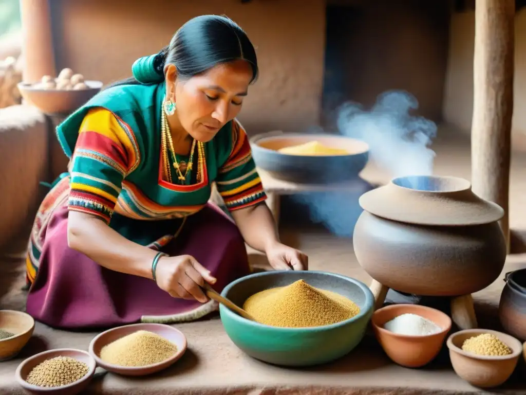 Una mujer inca tradicional prepara chicha de quinua en una cocina rústica