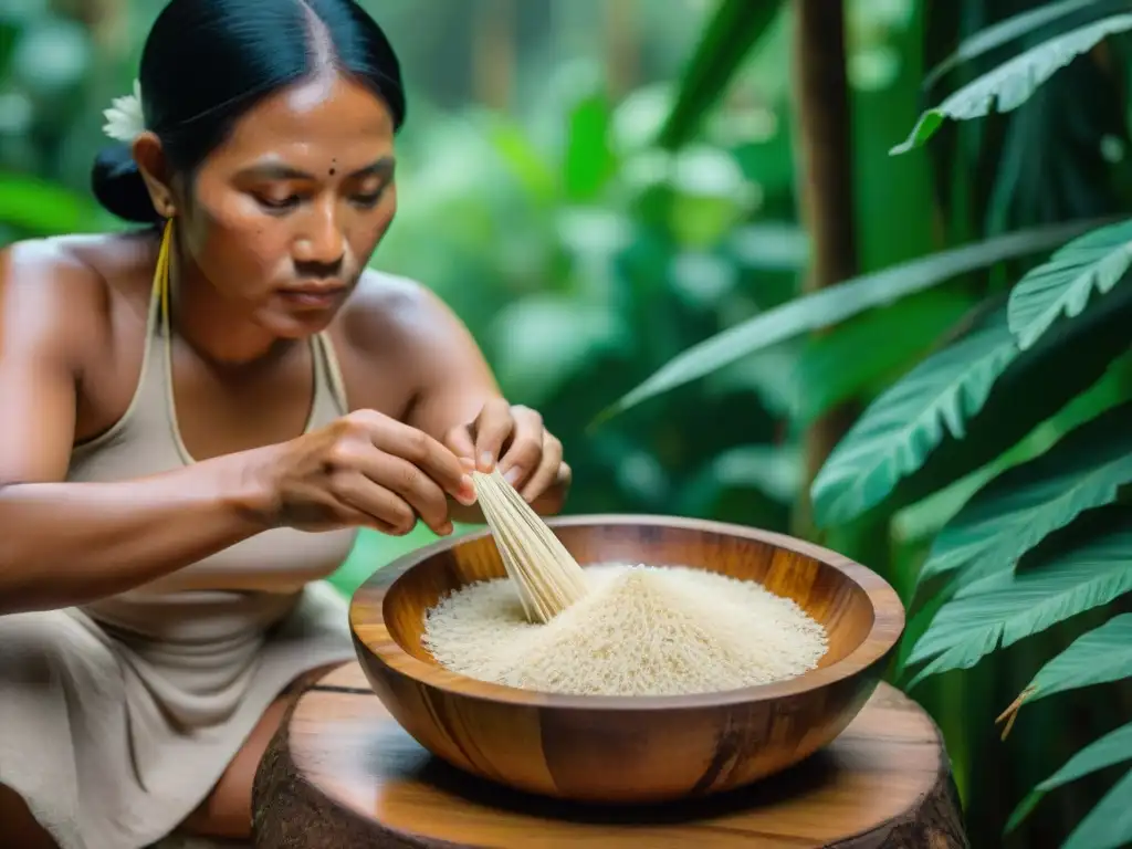 Una mujer indígena de la Amazonía prepara masato en un tazón de madera, mostrando la ancestral tradición y los beneficios del masato amazónico