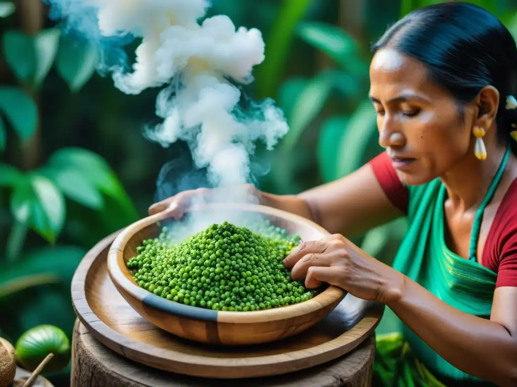 Una mujer indígena amazónica preparando chicha de jora con maíz, rodeada de la exuberante selva