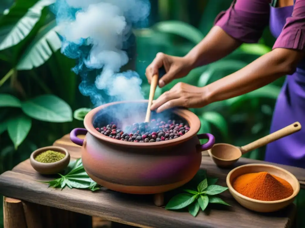 Una mujer indígena prepara chicha de jora amazónica en una cocina tradicional rodeada de ingredientes de la selva