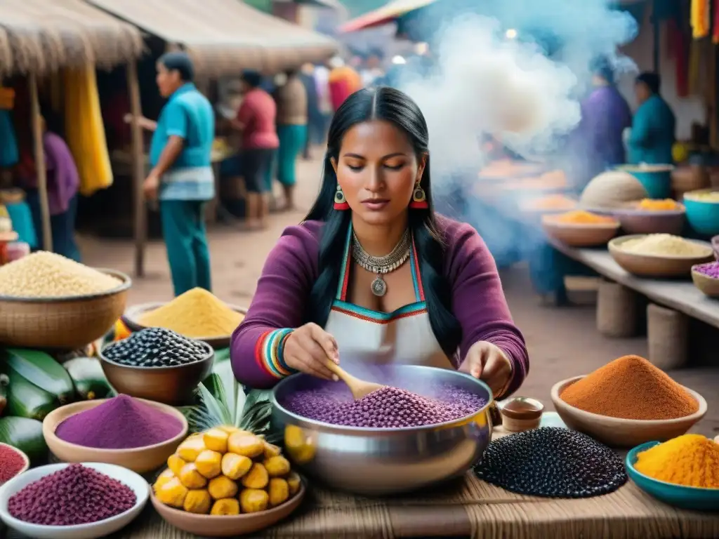 Una mujer indígena prepara chicha morada en un mercado peruano, rodeada de curiosos