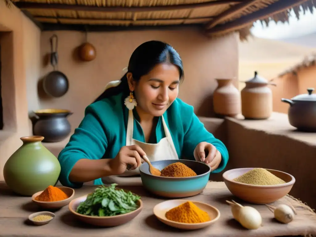 Una mujer indígena preparando cuy en cocina andina con historia culinaria