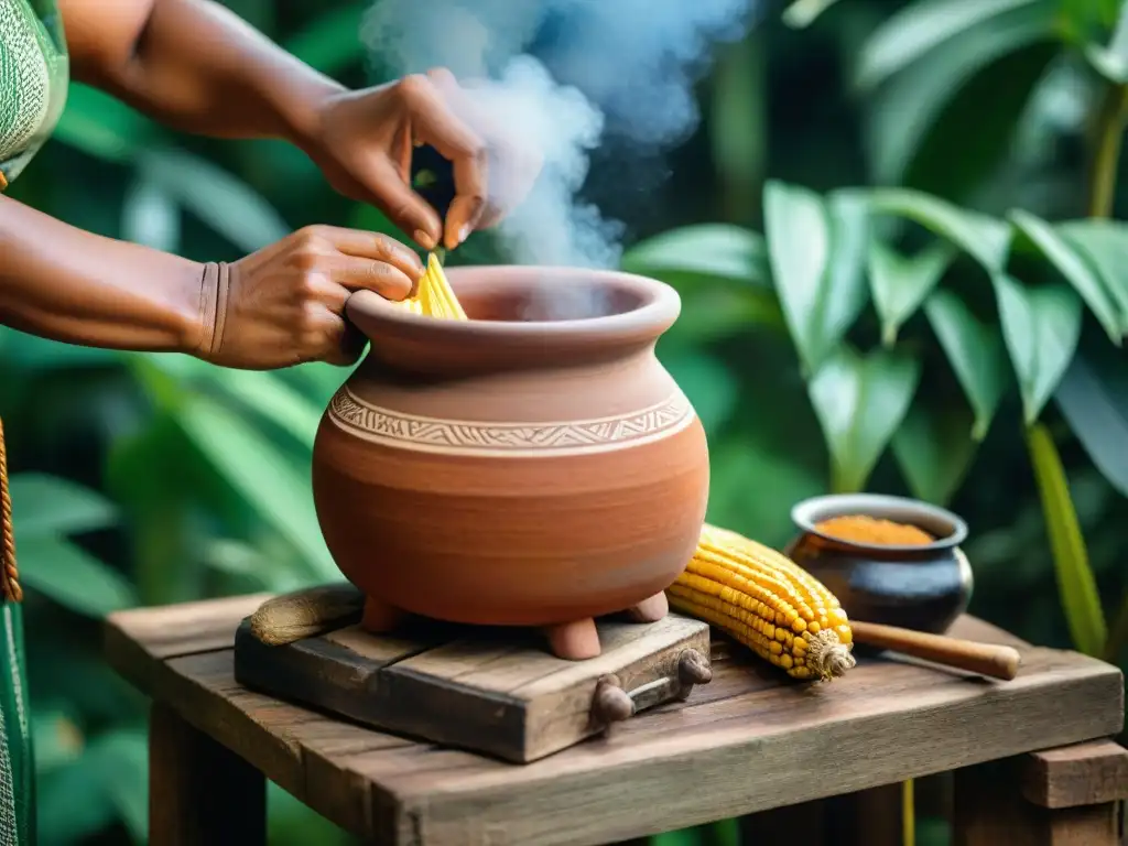 Una mujer indígena amazónica experta preparando chicha de jora con ingredientes naturales en la selva