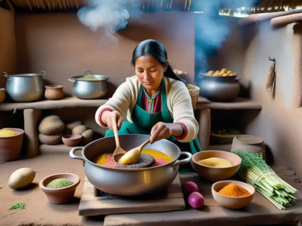 Una mujer indígena habilidosa revuelve un guiso de tocosh andino en una cocina tradicional andina, rodeada de ingredientes andinos