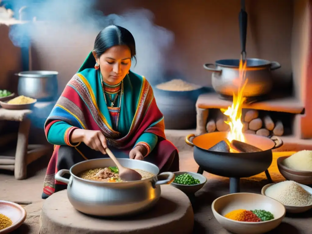 Una mujer indígena hábil remueve una olla de Sopa de quinua andina completa sobre llama en cocina andina tradicional