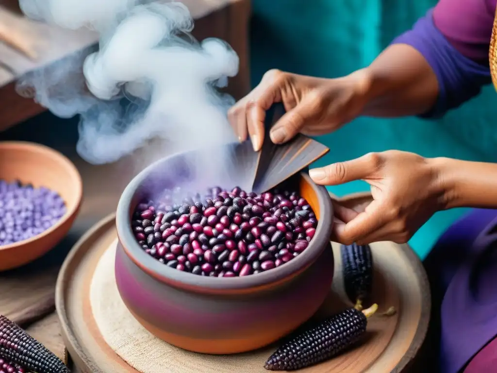 Una mujer indígena peruana preparando chicha morada en un chichero de madera con maíz morado vibrante