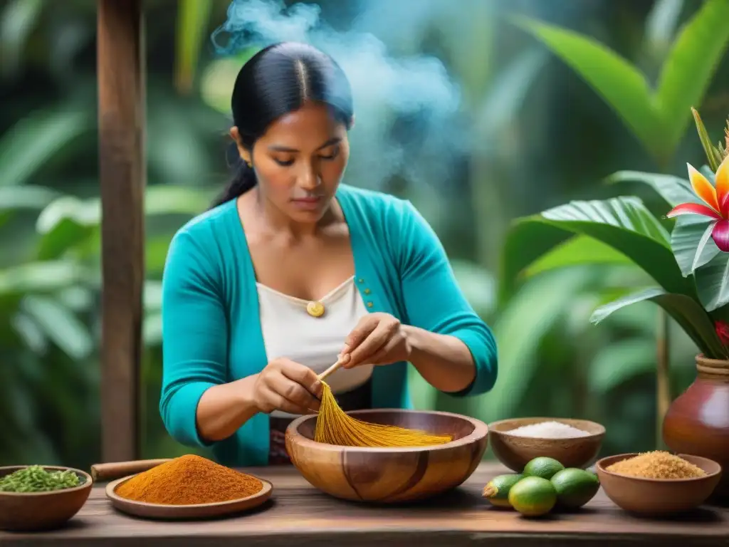 Una mujer indígena peruana preparando chicha en la Amazonía, entre exuberante flora