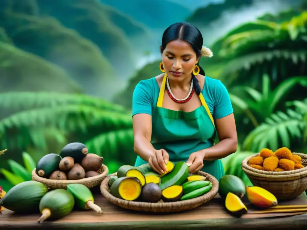 Indígena peruana preparando ingredientes amazónicos en la selva Una mujer indígena peruana preparando ingredientes autóctonos en una cocina de selva, reflejando la rica herencia culinaria