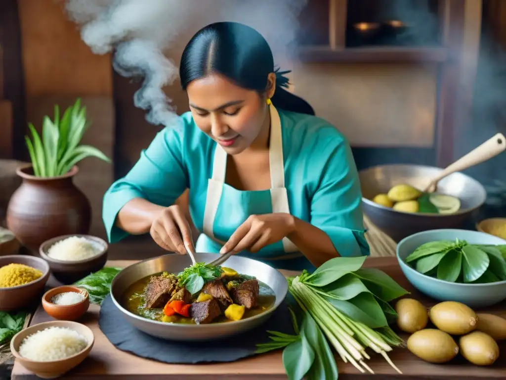 Una mujer indígena preparando la receta tradicional Ayampaco pescado con ingredientes frescos en una cocina rústica