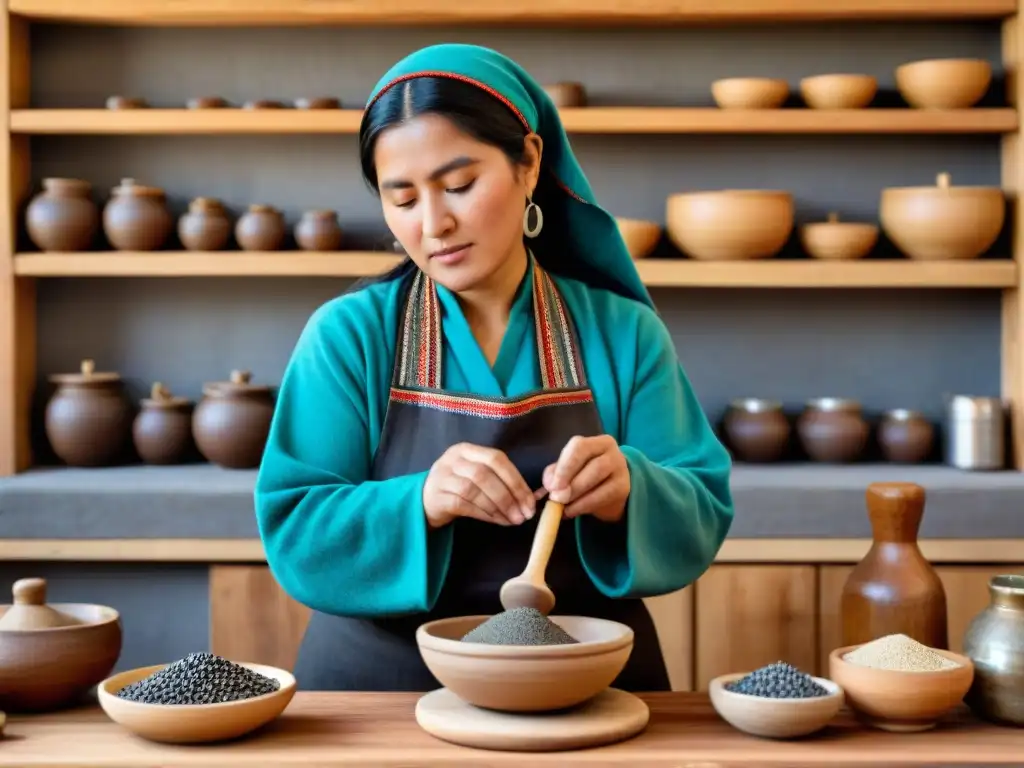 Mapuche molle: tradición en cada molienda Una mujer Mapuche muele molle en un mortero de piedra, conectando el pasado con la cocina moderna