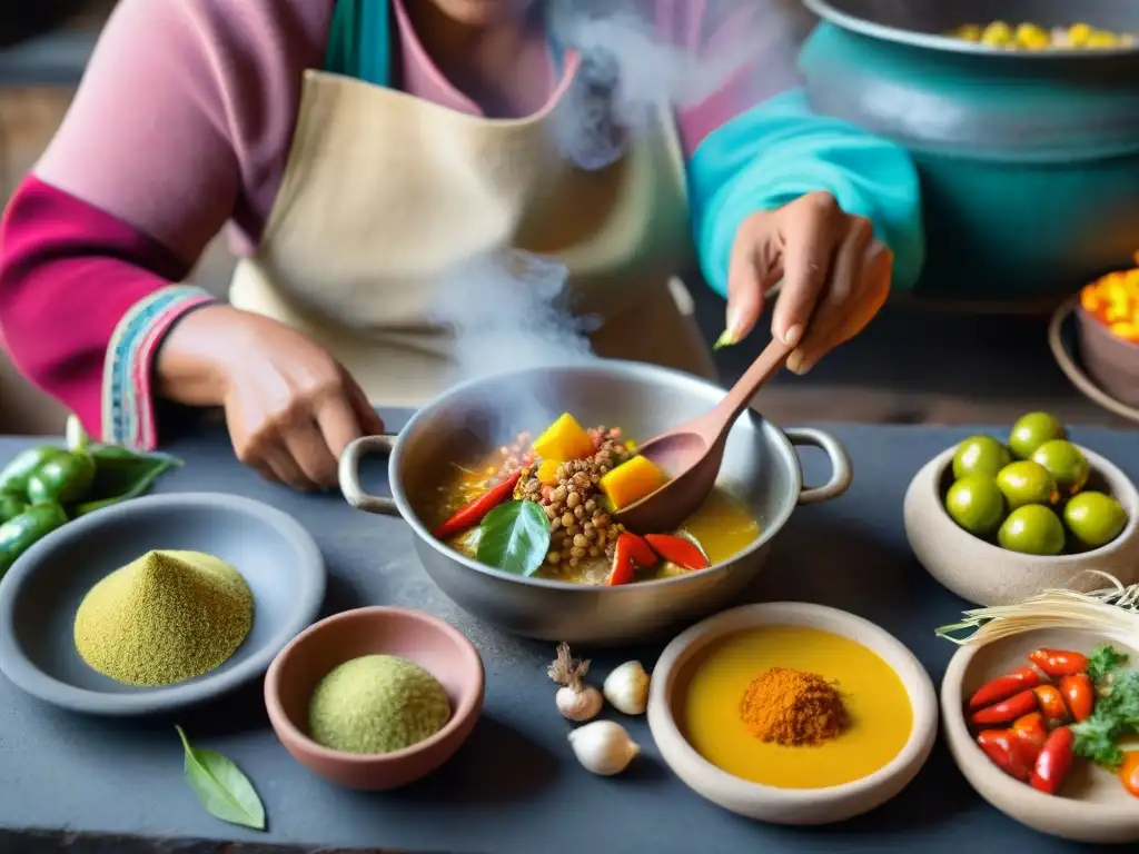 Una mujer peruana preparando aji de gallina en cocina tradicional