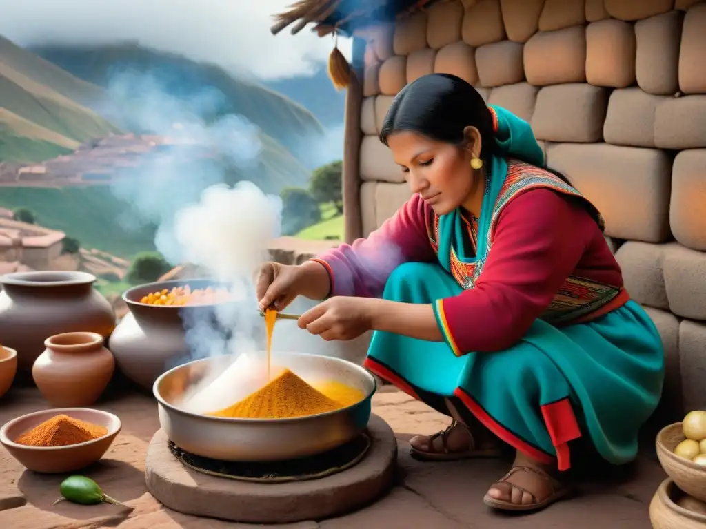 Una mujer peruana preparando aji de gallina en Cusco, con cocina tradicional y vista de Machu Picchu