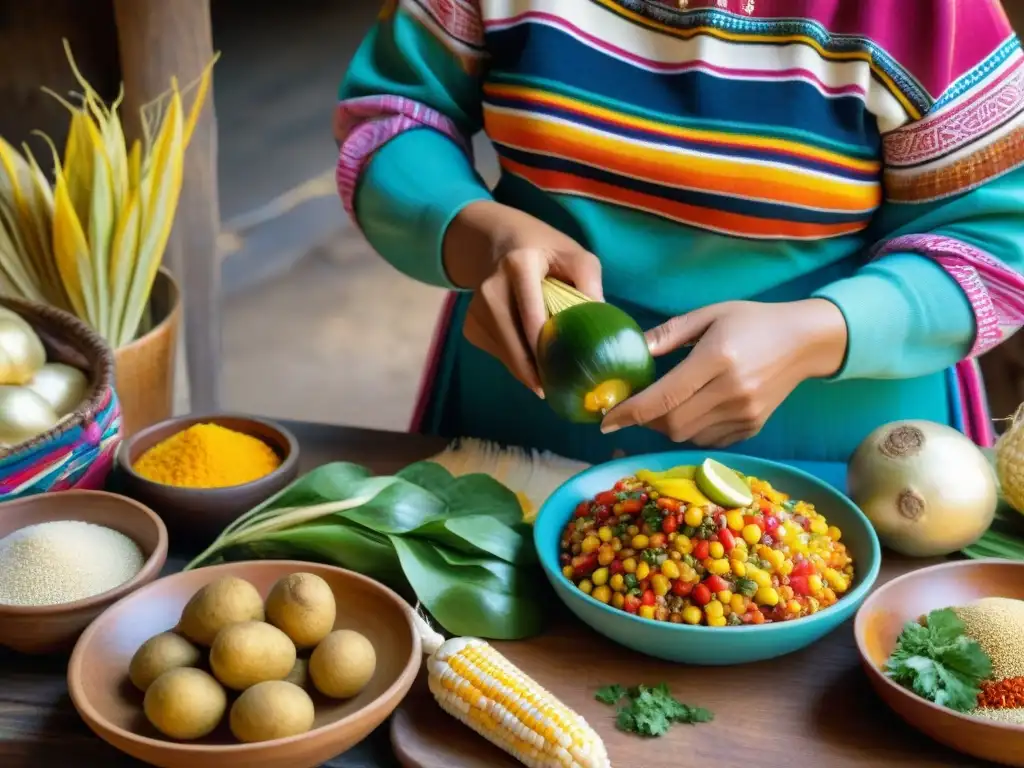 Una mujer peruana envuelve alimentos andinos con una lliclla, destacando la conservación de la gastronomía