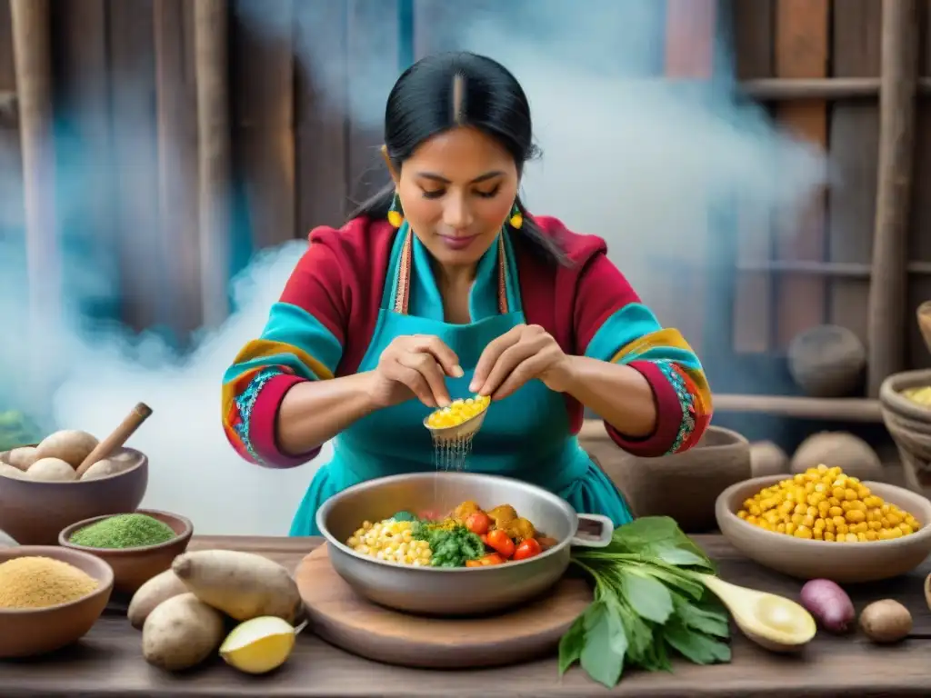 Una mujer peruana preparando Pachamanca en las alturas de la sierra, rodeada de ingredientes andinos