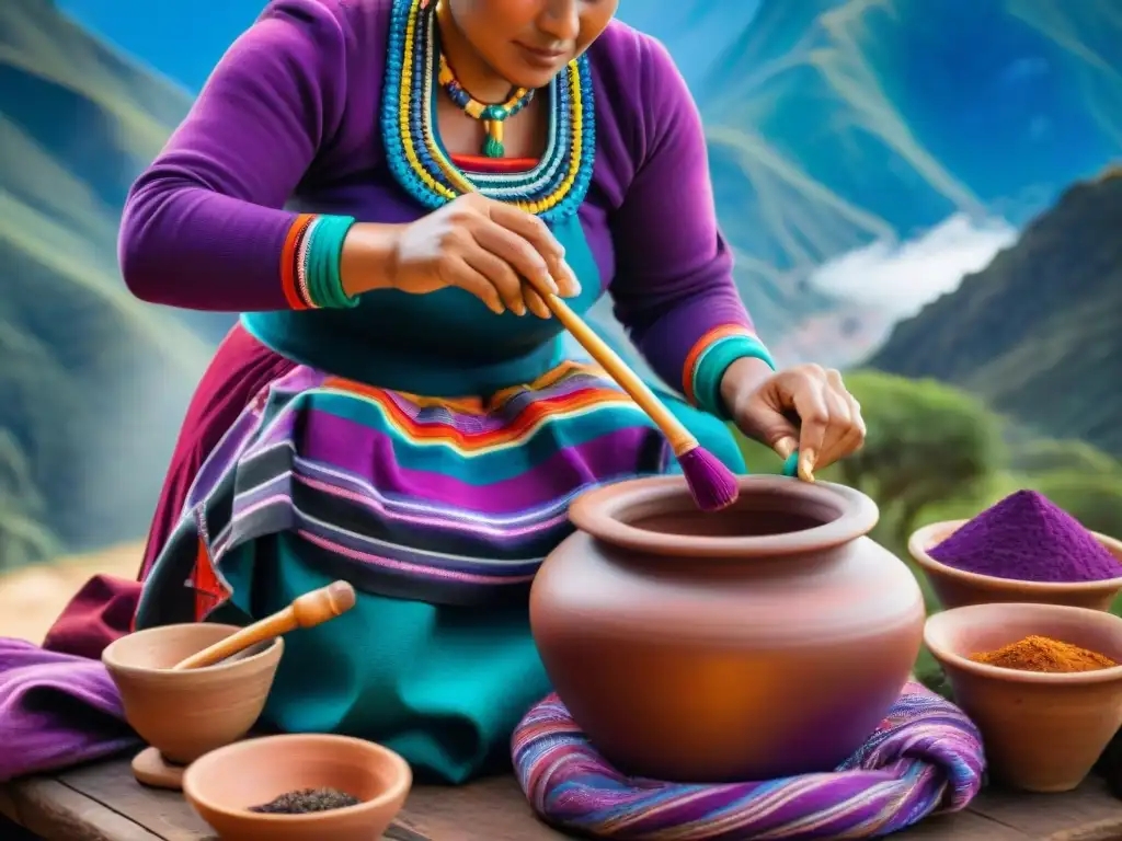 Una mujer peruana con atuendo indígena colorido elabora chicha morada en los Andes