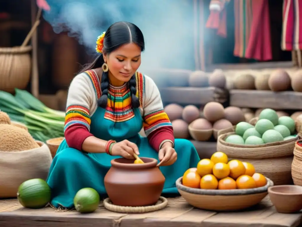 Una mujer peruana en atuendo tradicional elaborando chicha en un mercado vibrante