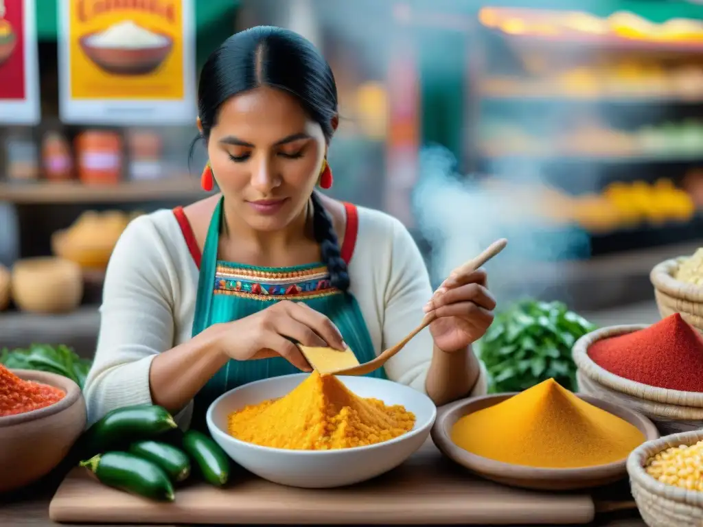 Una mujer peruana preparando con maestría una auténtica receta de salsa huancaína en un mercado vibrante