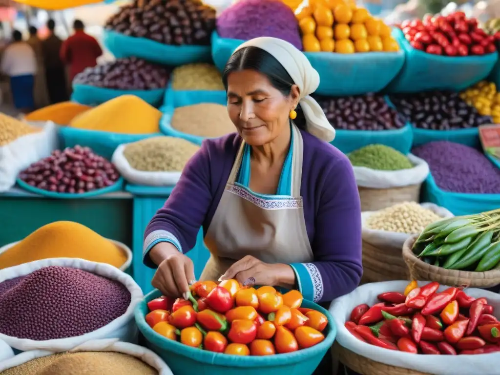 Una mujer peruana en el bullicioso mercado San Camilo de Arequipa, rodeada de productos locales y preparando un plato tradicional