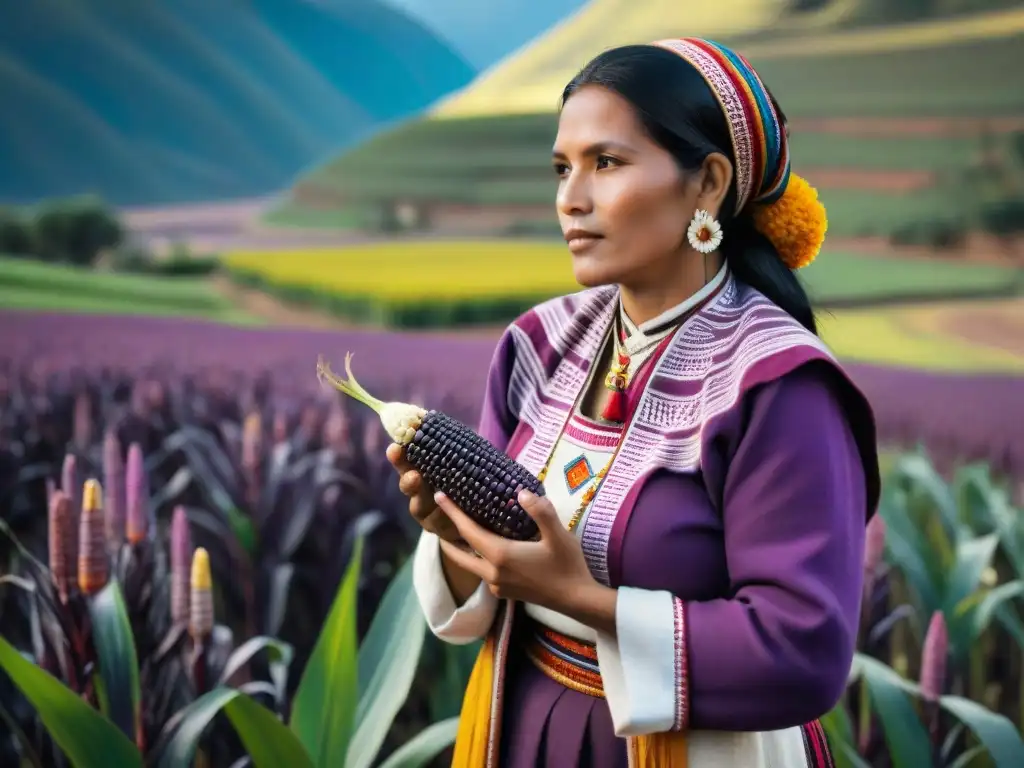 Una mujer peruana en campo de maíz morado, seleccionando mazorcas