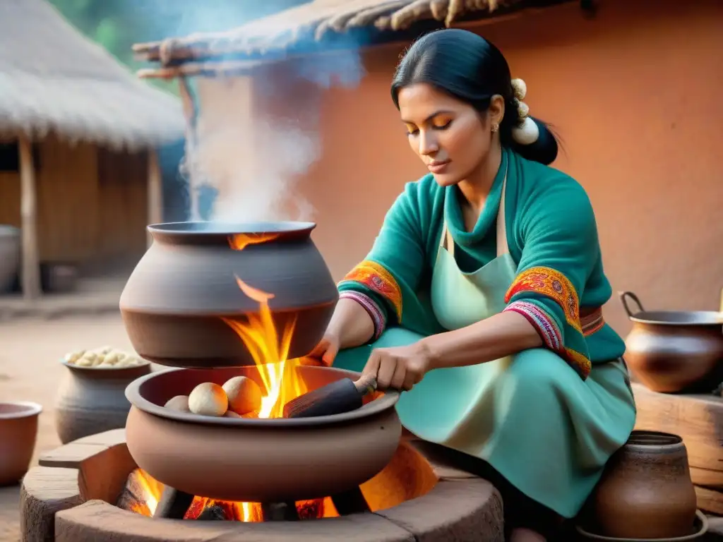 Una mujer peruana preparando carapulcra en cocina rústica