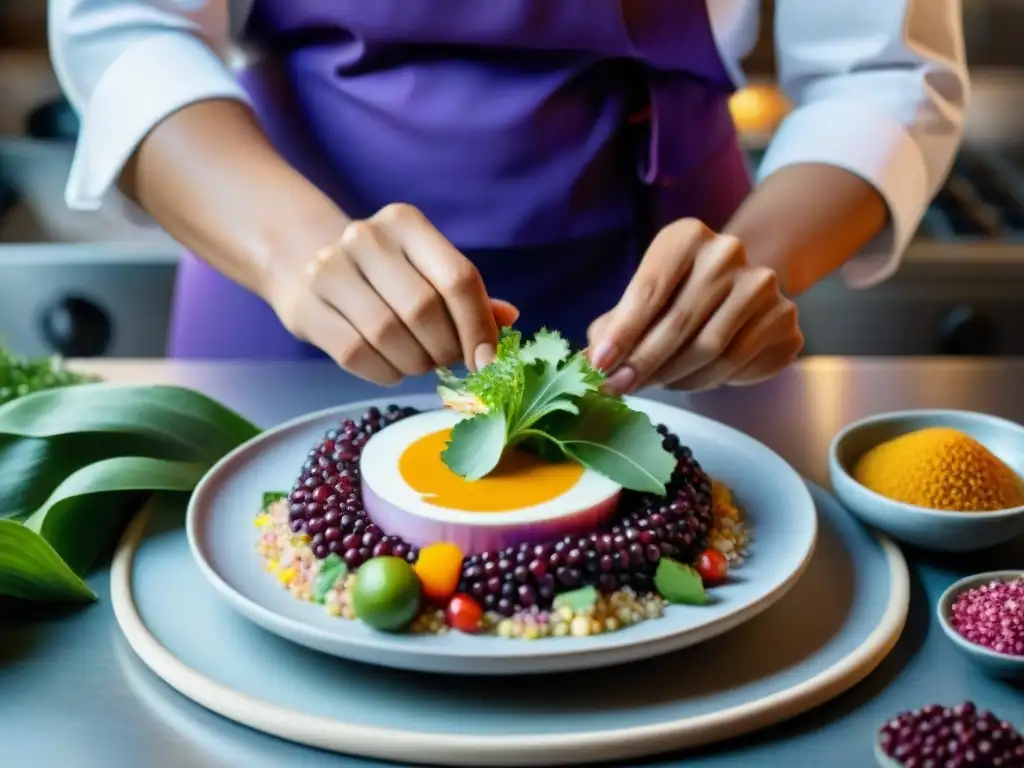 Mujer chef peruana creando ceviche en cocina moderna con ingredientes nativos vibrantes