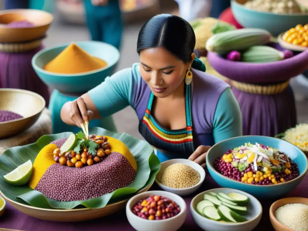 Una mujer peruana preparando ceviche con ingredientes autóctonos en mercado bullicioso