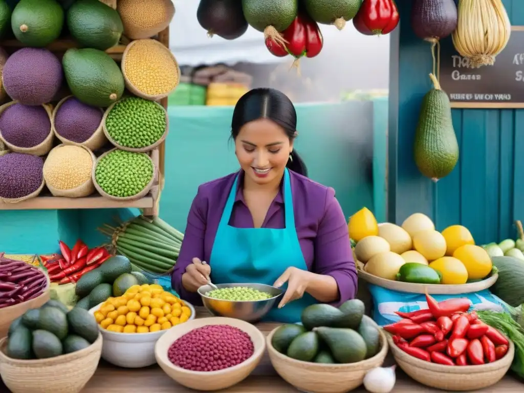 Una mujer peruana preparando ceviche en un mercado con displays de productos frescos y plataformas digitales para exportación gastronomía peruana