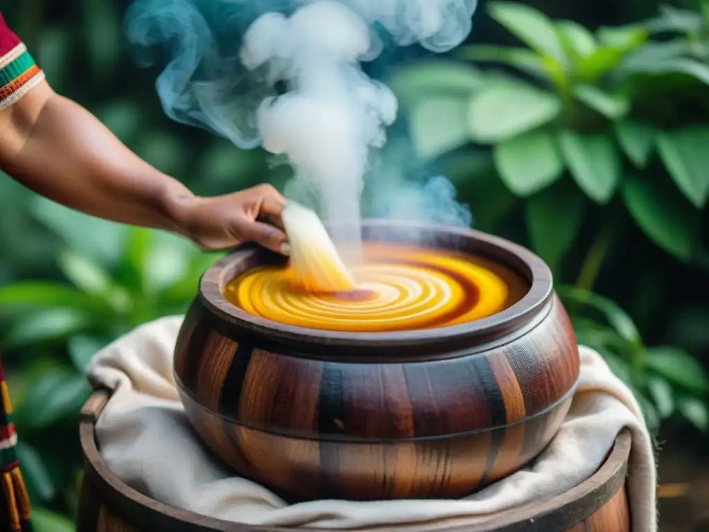 Mujer peruana fermentando chicha en la Amazonía rodeada de exuberante vegetación