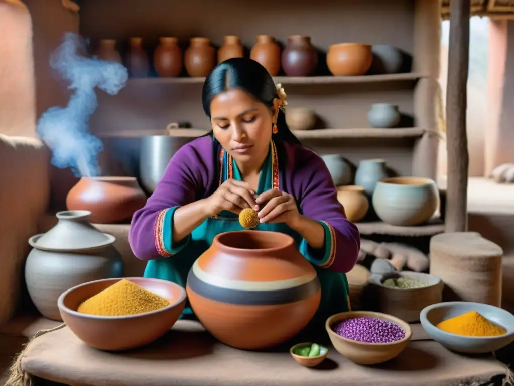 Una mujer peruana preparando chicha en cocina andina con ingredientes autóctonos