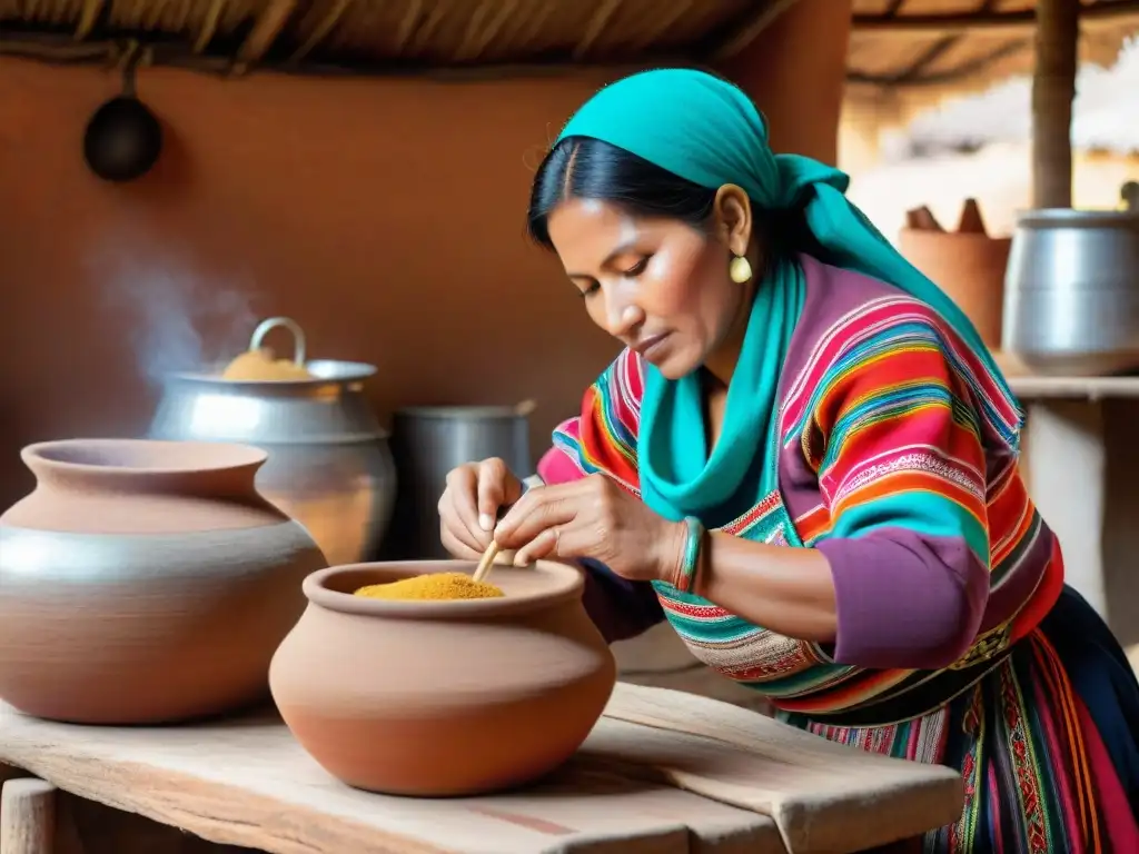 Una mujer peruana preparando chicha en una cocina rústica, resaltando la elaboración de bebidas tradicionales peruanas autóctonas