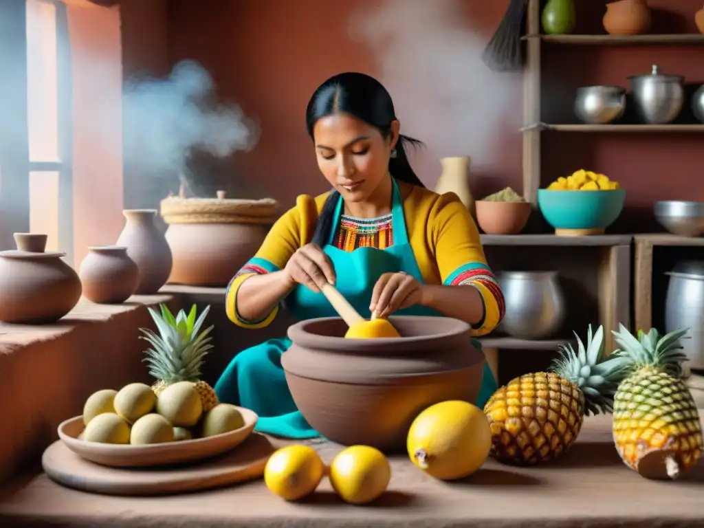 Una mujer peruana preparando chicha de piña en una cocina rústica