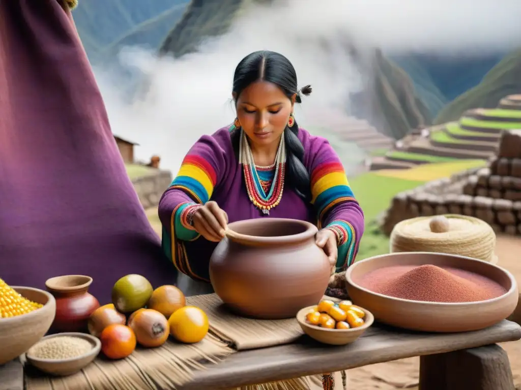 Mujer peruana preparando chicha con ingredientes tradicionales