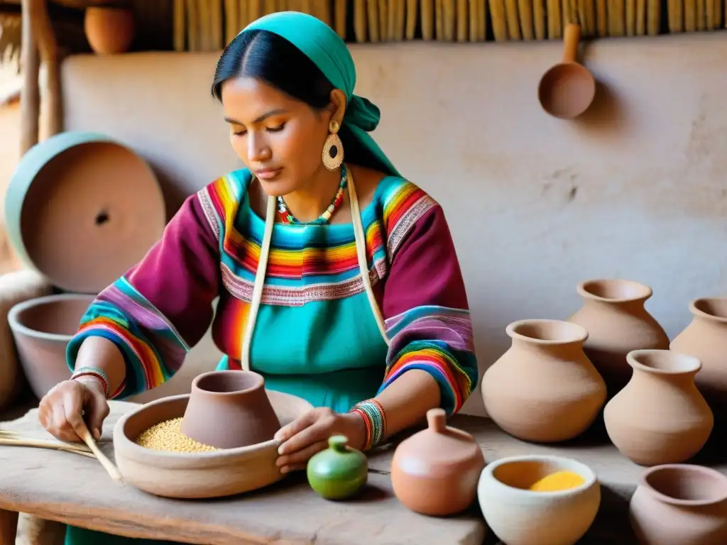 Una mujer peruana prepara Chicha de Jora en una cocina tradicional llena de historia con textiles andinos vibrantes