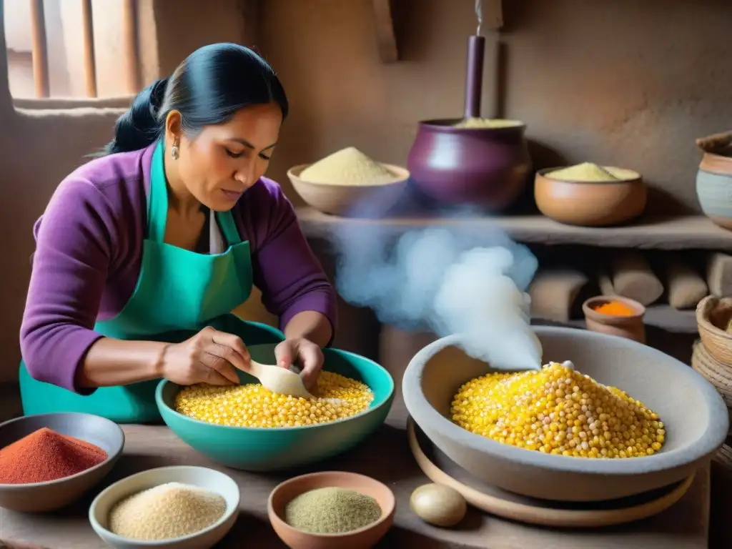 Una mujer peruana prepara chicha de jora en una cocina rústica, mostrando la riqueza cultural de los alimentos fermentados en Perú