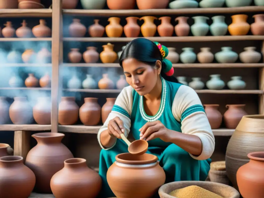 Una mujer peruana elaborando chicha de jora en cocina rústica