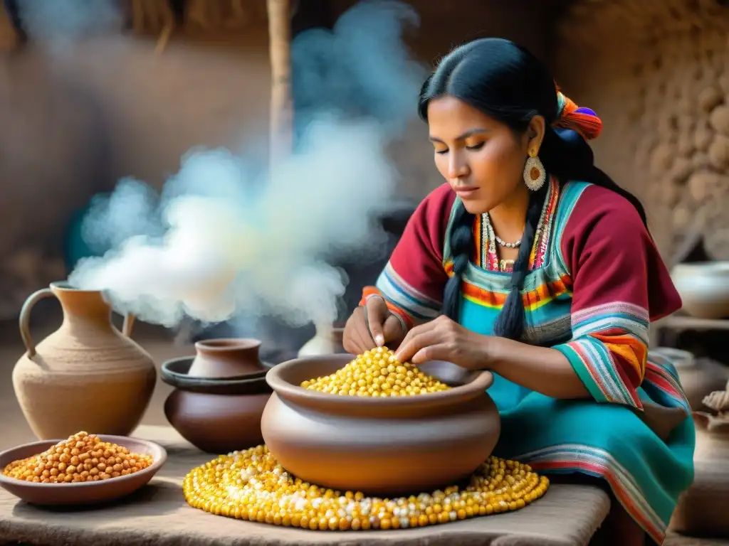 Mujer peruana preparando Chicha de Jora en entorno andino ancestral, destacando la tradición de la bebida ancestral