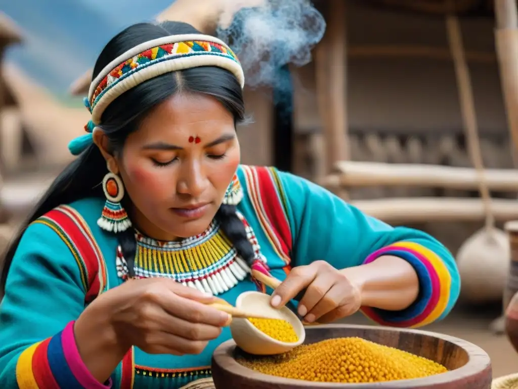 Una mujer peruana preparando Chicha de Jora en un entorno tradicional, destacando la bebida ancestral