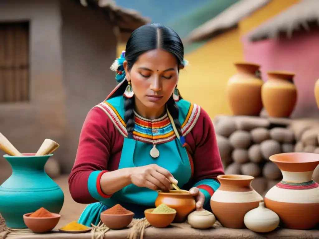 Una mujer peruana prepara Chicha de Jora con vestimenta indígena