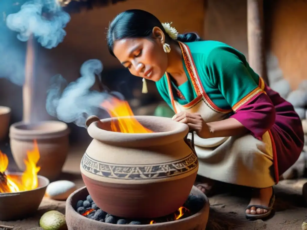 Mujer peruana preparando chicha de jora en olla de barro sobre fuego, destacando la tradición de la bebida ancestral