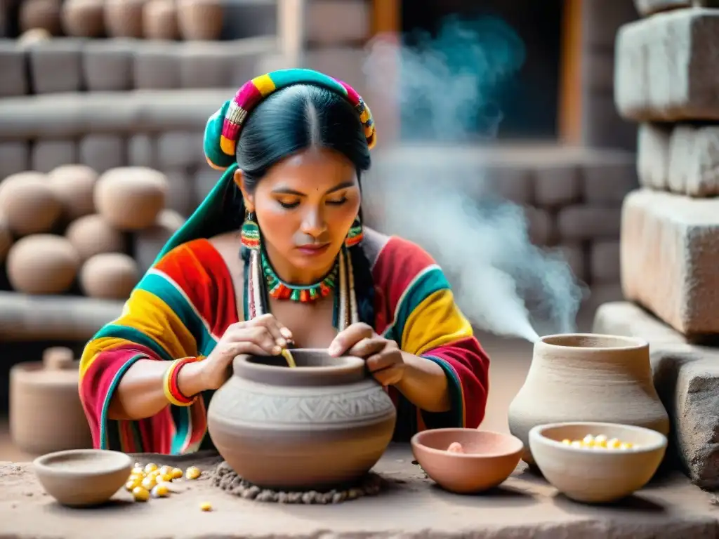 Mujer peruana preparando chicha de jora en ruinas incas