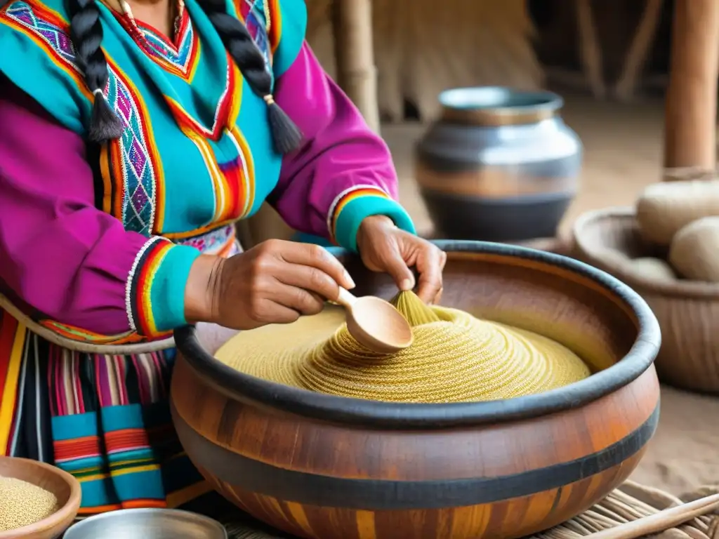 Una mujer peruana prepara Chicha de Jora en cocina tradicional, mostrando la receta chicha de jora peruana