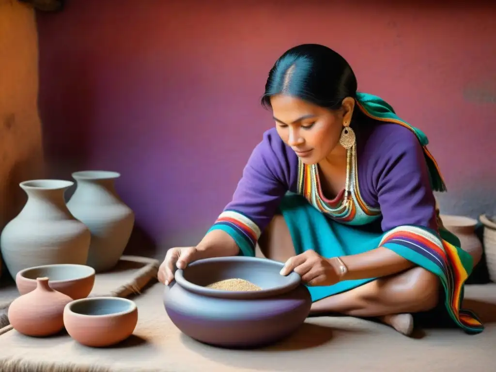 Una mujer peruana preparando chicha de jora en una cocina andina con maíz morado vibrante y cerámica inca