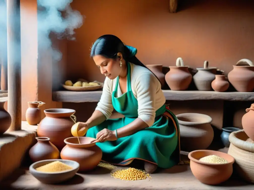 Una mujer peruana preparando chicha de jora en una cocina rústica, destacando la tradición y la receta chicha de jora peruana