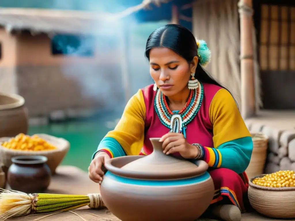 Mujer peruana preparando Chicha de Jora en paisaje andino vibrante, resaltando tradición autóctona peruana