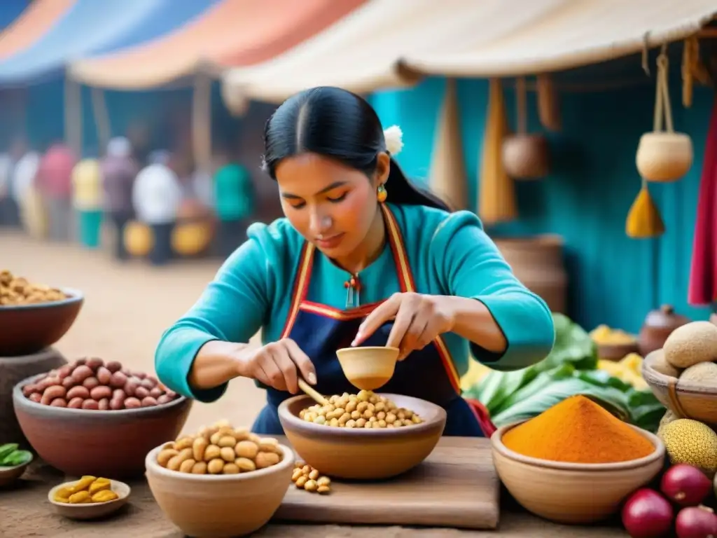 Mujer peruana preparando chicha de maní en mercado tradicional norteño