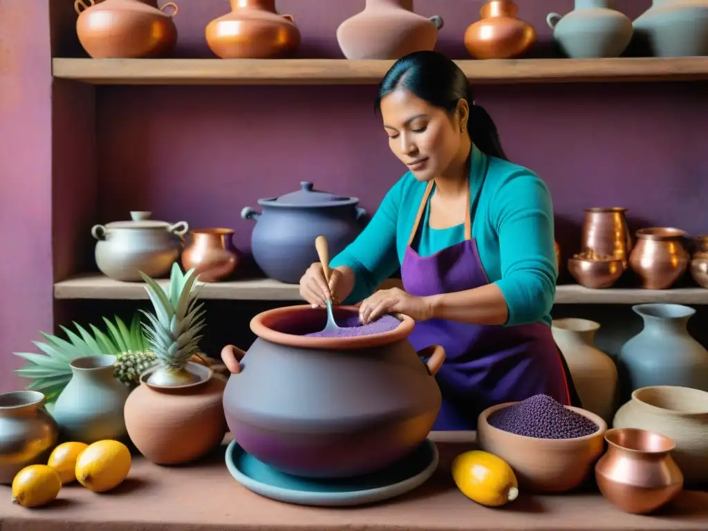 Una mujer peruana prepara Chicha Morada en olla de barro, rodeada de ingredientes y guías fermentados tradicionales peruanos