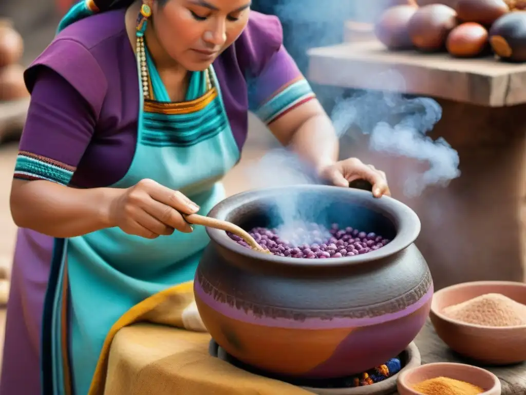 Mujer peruana preparando chicha morada con tradición y destreza