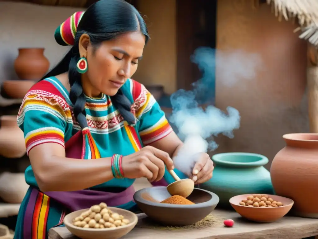 Una mujer peruana preparando chicha de maní en un mortero de madera en una cocina tradicional con utensilios y textiles coloridos