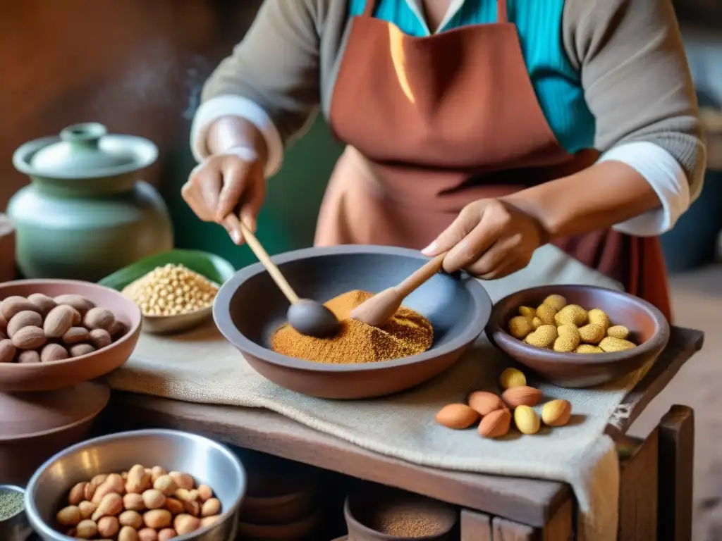 Una mujer peruana preparando chicha de maní con tradición norte en cocina rústica