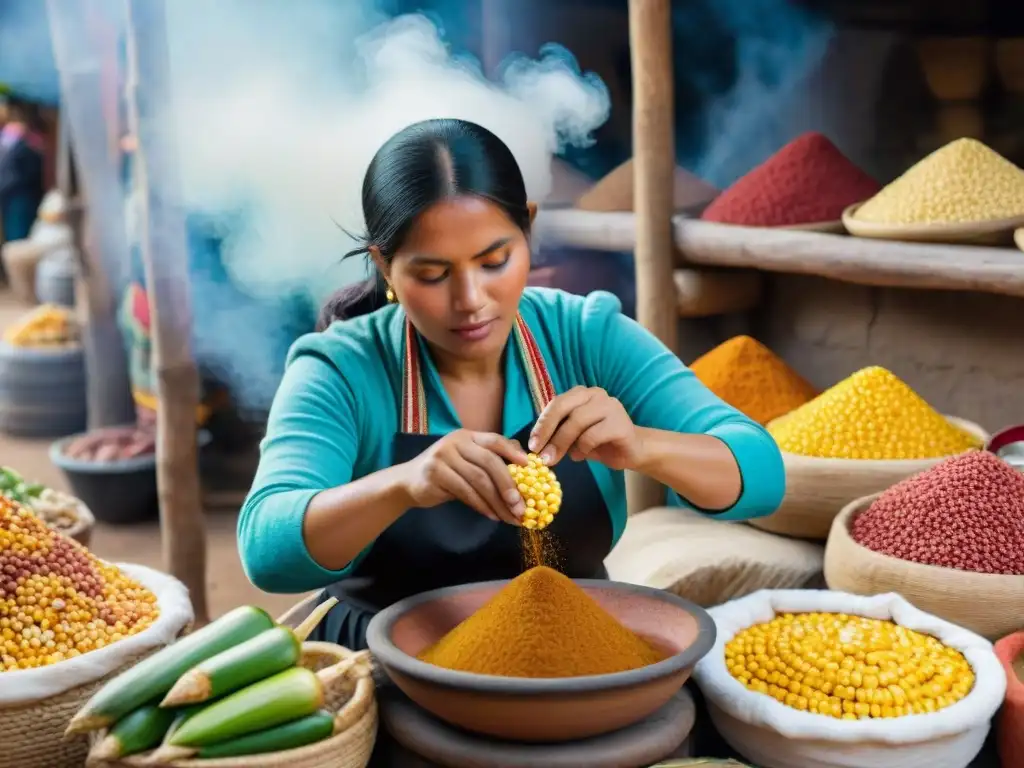 Una mujer peruana prepara chicha en olla de barro rodeada de ingredientes locales en un mercado vibrante